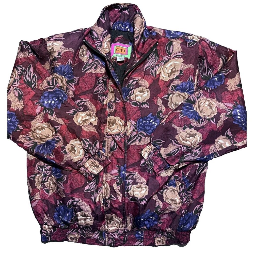GTI Bomber Jacket Womens Small Pink Purple Rose Floral 100% SILK 90s VINTAGE